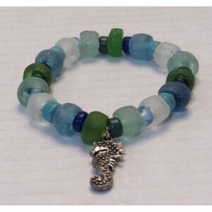 Sea Glass Colored Stretch Bead Bracelet Beachy Coastal Seahorse Charm Surfer